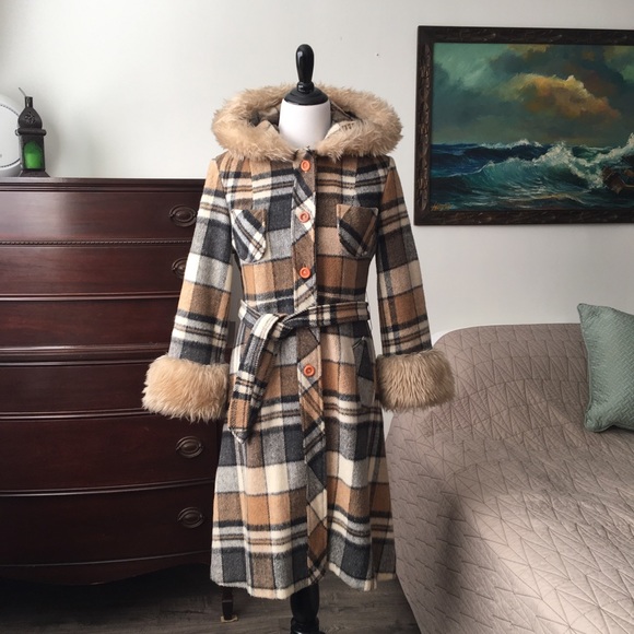 Vintage Jackets & Blazers - 70s Plaid Faux Fur Trimmed Coat with Hood Penny Lane coat